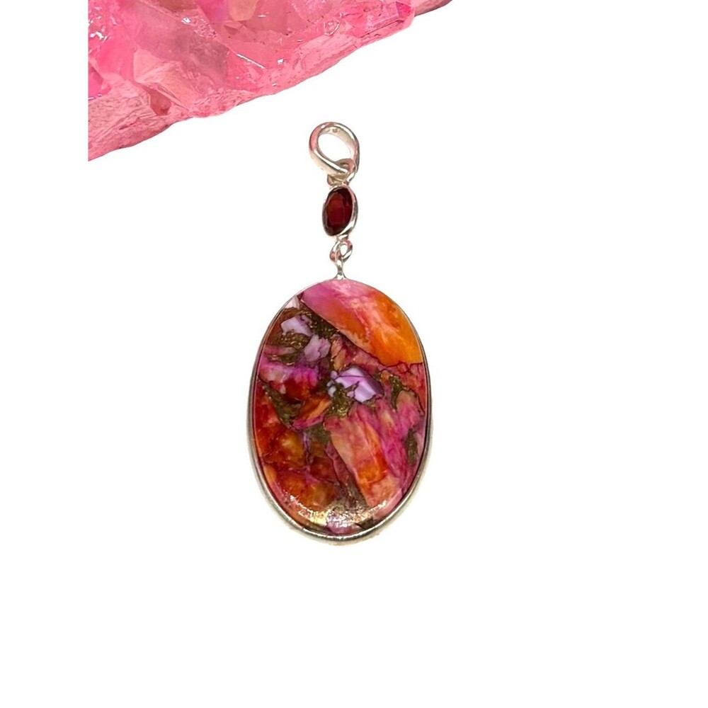Kingman Pink Dahlia Turquoise Garnet Necklace Pendant Solid 925 Sterling Silver
